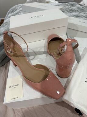 LK Bennett Darling Pink Patent Block Heel Embellish Ankle-Strap Pumps
